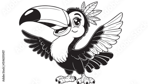 Vector illustration of cartoon Toucans bird waving wing greeting black and white drawing For children to learn to color according to the picture.
