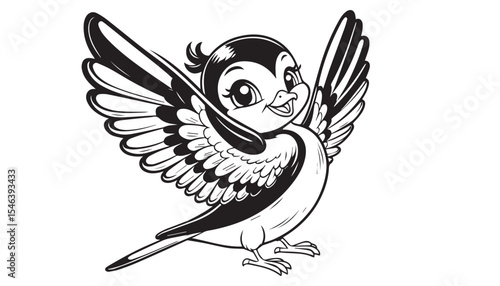 Vector illustration of cartoon bird waving wing greeting black and white drawing For children to learn to color according to the picture.
