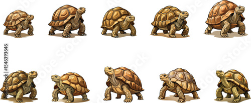 old turtle walking set vector illustration