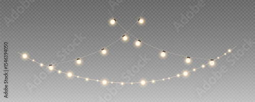 Christmas garland isolated on transparent background. Glowing colorful light bulbs with sparkles.Xmas, New Year, wedding or Birthday decor. Party event decoration. Winter holiday season element.