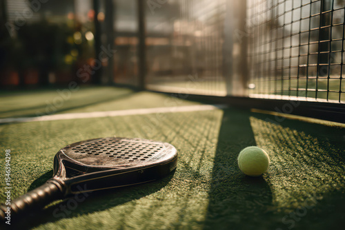 Enjoying summer days with padel racket and ball on turf court amidst a vibrant nature setting