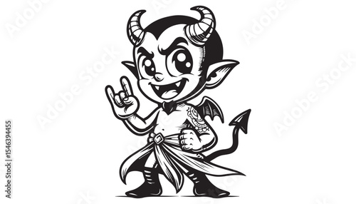 Vector illustration of cartoon Devil black and white drawing For children to learn to color according to the picture.
