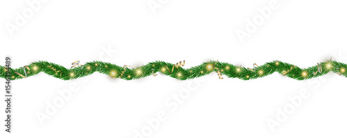 Garland of spruce branches. Christmas holiday decorations, realistic live fir tree effect with decorations for poster banners, png vector.	

