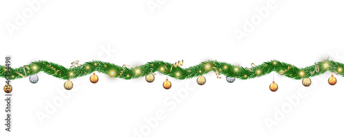 Garland of spruce branches. Christmas holiday decorations, realistic live fir tree effect with decorations for poster banners, png vector.	