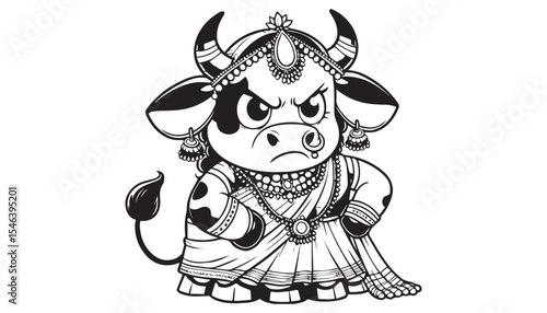 Vector illustration of cartoon angry cow black and white drawing For children to learn to color according to the picture.
