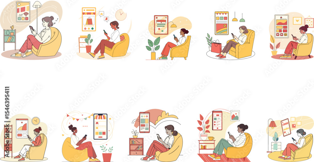 girl using mobile at home flat design set vector illustration girl using mobile at home flat design set vector illustration