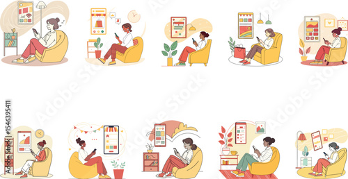 girl using mobile at home flat design set vector illustration