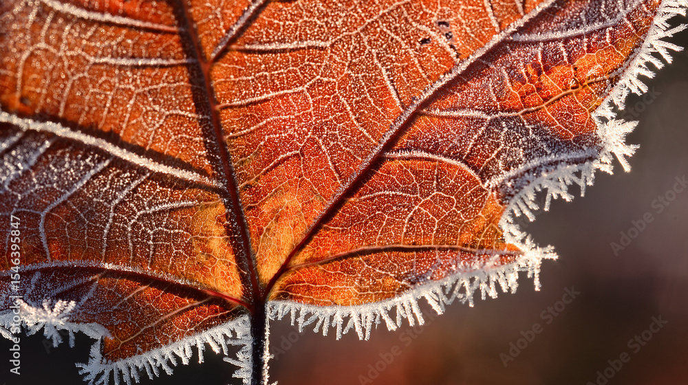 Obraz premium Macro: Delicate Frost Patterns on Autumn Leaf Surface 