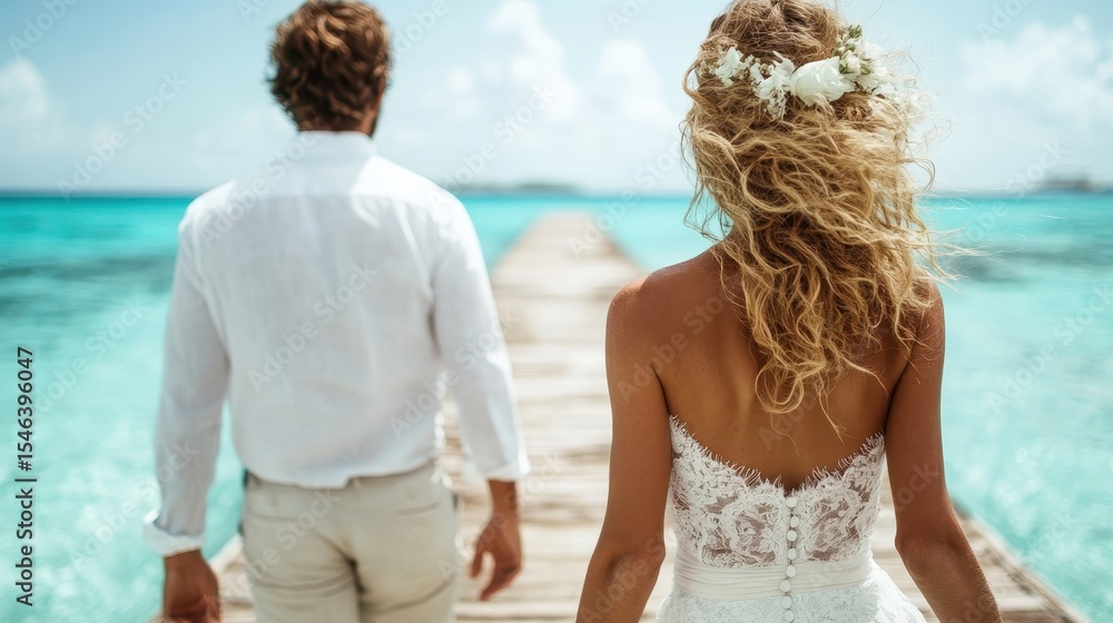 Fototapeta premium A romantic couple walking hand in hand on a sunny day by a serene ocean, embodying love and connection amid picturesque tropical surroundings with blue waters.