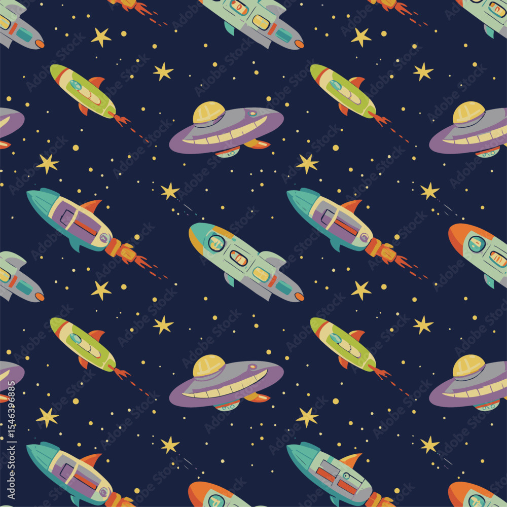 Naklejka premium Colorful space pattern with cartoon rockets UFOs stars and dots on a dark blue background