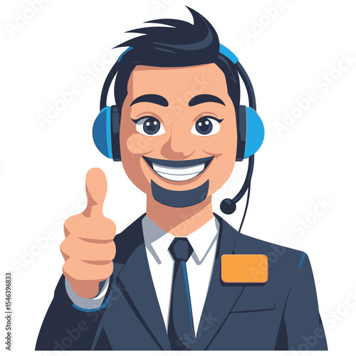 Cartoon man with a headset gives a thumbs up wearing a suit and a name tag