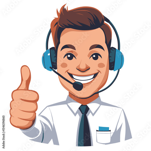 Cartoon woman in a blue suit and headset smiles while giving a thumbsup gesture
