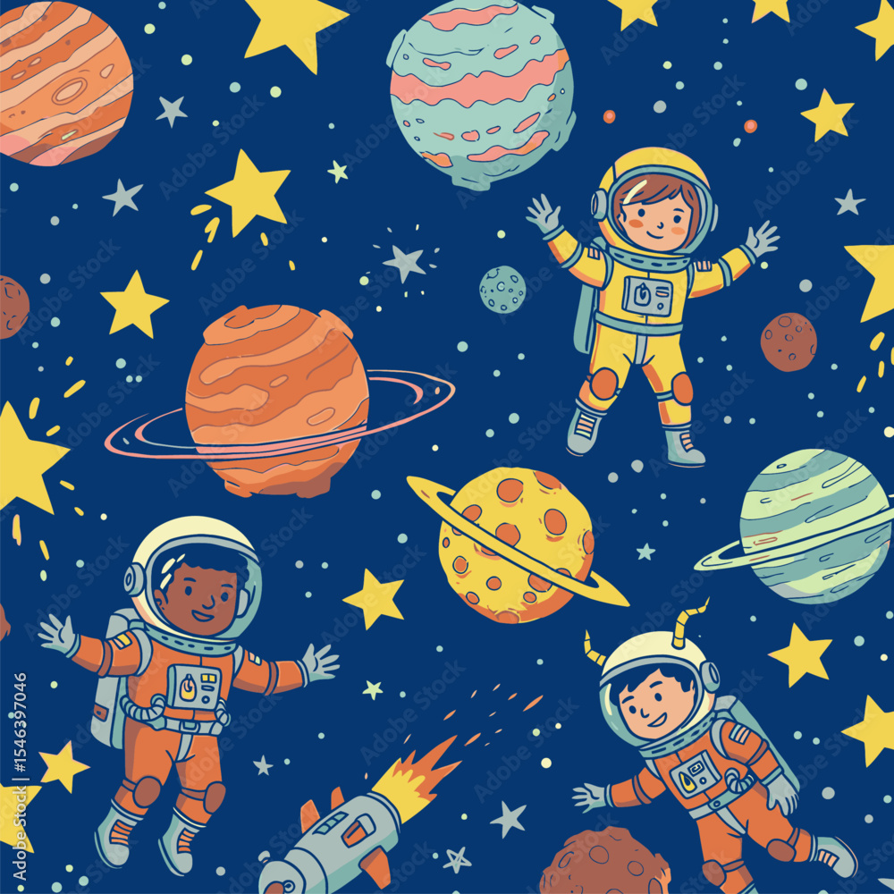 Space themed pattern featuring astronauts planets stars and a rocket on a dark blue background Space themed pattern featuring astronauts planets stars and a rocket on a dark blue background