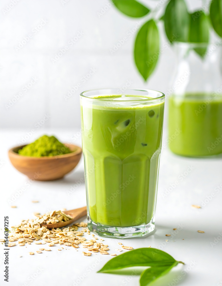 Iced matcha latte prepared with oat milk and matcha powder Iced matcha latte prepared with oat milk and matcha powder