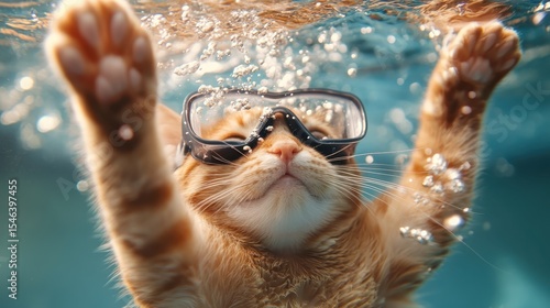 An adorable orange cat dons swimming goggles while submerged underwater, creating a humorous and playful scene, showcasing the charming personality of pets and their antics.