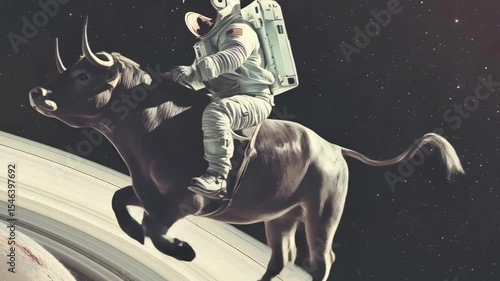 Astronaut Riding Bull in Space. Video Generative AI. 