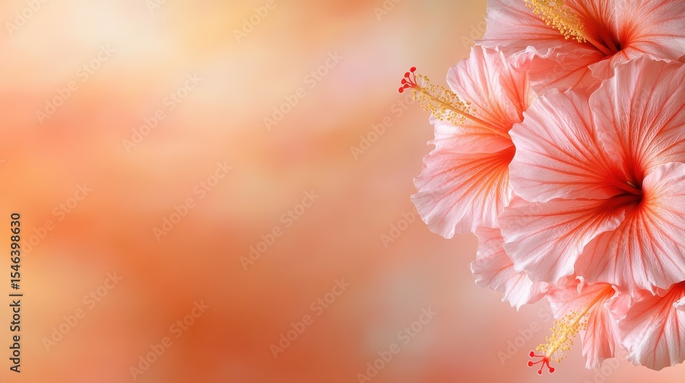 Fototapeta premium Close-up of beautiful orange hibiscus flowers against a smooth, softly blurred background, evoking feelings of warmth, beauty, and the enchanting essence of nature's artistry.