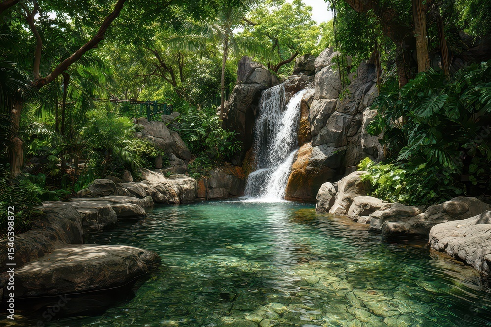 Fototapeta premium Refreshing waterfall cascading into a natural pool surrounded by lush greenery invites summer vacation relaxation and adventure in nature's embrace