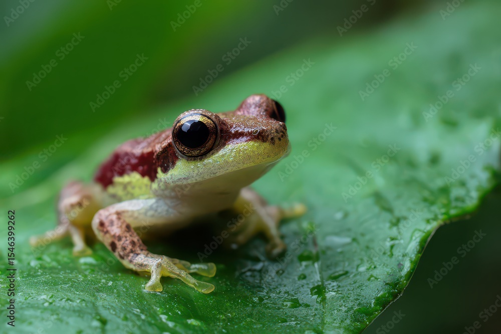 Obraz premium Small frog resting on a vibrant green leaf in a lush summer environment showcasing nature's beauty and tranquility