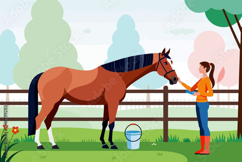 Woman Caring for Horse-A Beautiful Brown Horse with Halter-Horse Owner & Animals-Farm Life Scene-Cute Horse Illustration-Peaceful Setting with Picket Fence