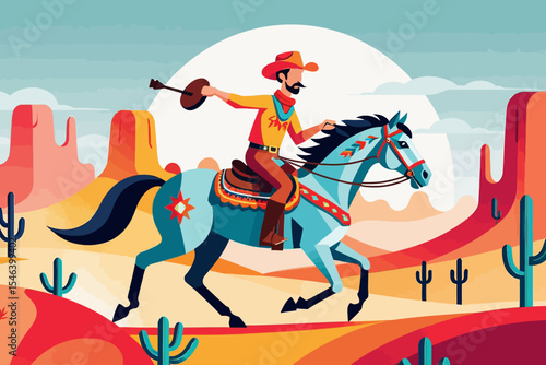 Cowboy Serenade-A Lone Rider and His Guitar in the Desert-Vibrant Western Scene-Horseback Music-Desert Adventure Illustration-Iconic American West Image