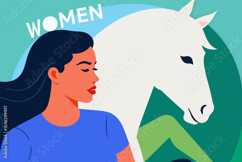 Empowered Women Illustration-Celebrating Female Strength and Beauty-Featuring a Woman and White Horse for International Women's Day-Feminist Art