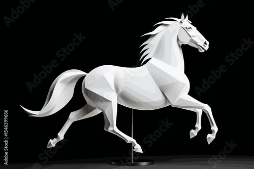 White Horse Sculpture - Geometric Stallion Art - Modern Equestrian Decor - Abstract Horse Statue - Minimalist Design on Black Background