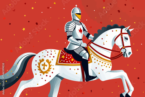 Medieval Knight on White Horse- Heraldic Symbol- Celebration and Fantasy- Warrior in Shining Armor- Royal Parade- Knight in Full Plate Armor