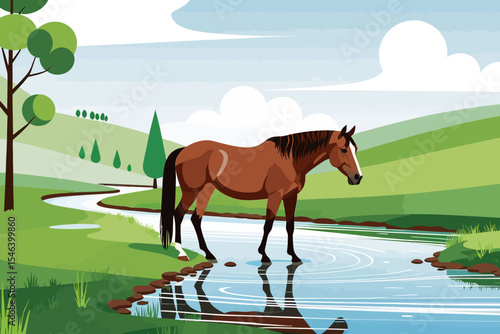 Horse in Stream - Beautiful Cartoon Illustration of a Brown Horse - Peaceful Meadow Landscape with River and Clouds - Serene Nature Art