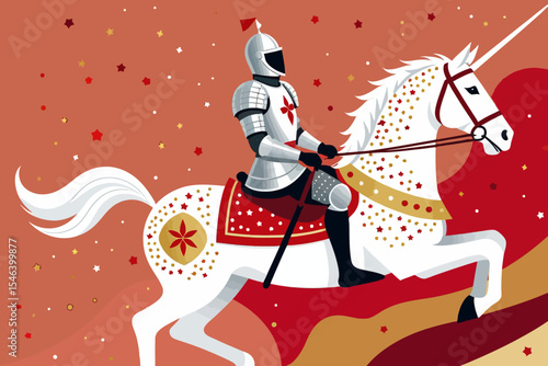 Knight on a Unicorn Illustration-Fantasy Art with Red and Gold Stars-Medieval Warrior Riding a Magical Creature-Digital Artwork of a Noble Knight and Unicorn