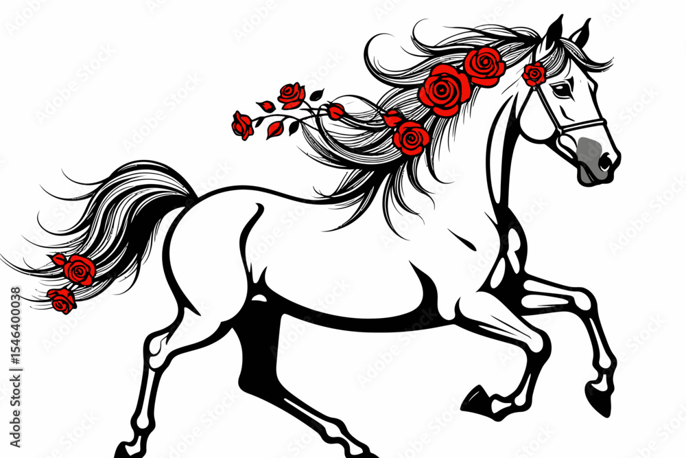 Obraz premium Elegant White Horse with Red Roses Illustration - Majestic Equine Art for Designers - Horse Lovers Graphic Design Resource