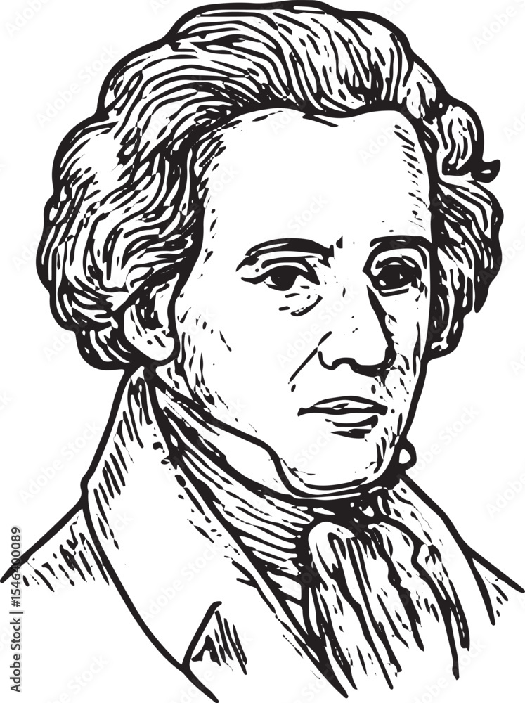 Black and white hand drawn portrait of Felix Mendelssohn, classical Romantic-era composer. Vintage line art perfect for music, art history, and educational materials Black and white hand drawn portrait of Felix Mendelssohn, classical Romantic-era composer. Vintage line art perfect for music, art history, and educational materials