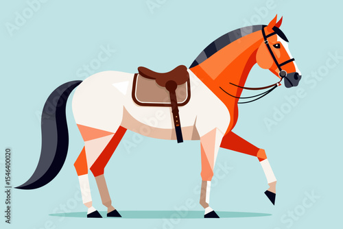 Equestrian Art-Stylized Horse Illustration with Saddle-Digital Horse Painting in Modern Design-Horseback Riding Theme Artwork-Graphic Horse Image in Orange and White