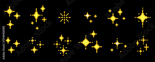 Pixel stars set for cosmic adventures, arcades, galaxy background. Yellow shine pixelated geometric shapes in space. Retro 8 bit gaming style sparkle icon pack. Minimal spark gold nostalgic elements