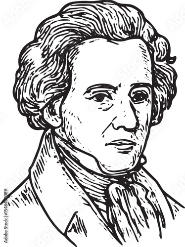 Black and white hand drawn portrait of Felix Mendelssohn, classical Romantic-era composer. Vintage line art perfect for music, art history, and educational materials