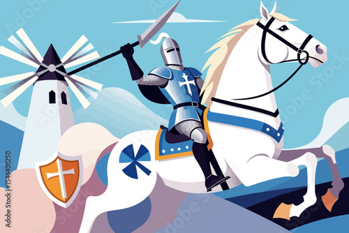 Don Quixote-Inspired Art-Knight on Horseback-Windmill Adventure Illustration-Medieval Knight Digital Painting-Heroic Quest Artwork-Fantasy Knight Illustration
