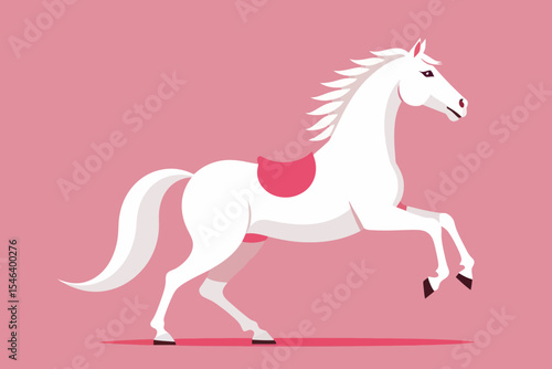 Elegant White Horse on Pink Background - Minimalist Vector Art of Prancing Equine with Pink Saddle - Horse Illustration for Wall Art & Decor- Equestrian Design