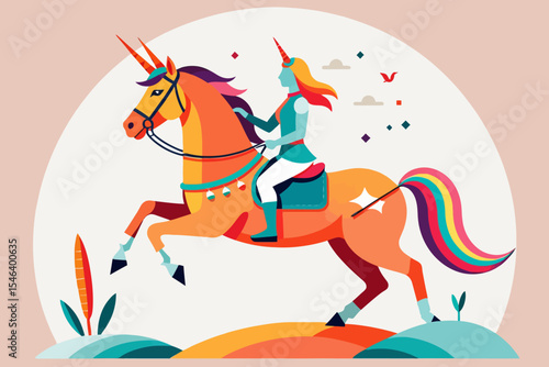 Vibrant Unicorn Ride Illustration-Colorful Fantasy Art-Whimsical Unicorn and Rider-Unique Graphic Design-Magical Creature Artwork-Orange Unicorn Design-Rainbow Tail Unicorn-Fantasy Illustration Style