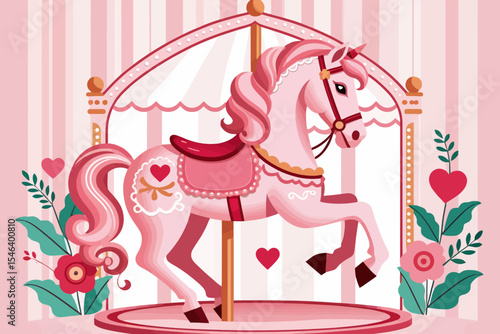 Pink Carousel Horse Illustration-Whimsical Fairground Ride-Sweet Vintage Carnival-Festive Illustration-Childrens Artwork-Lovely Nostalgic Scene