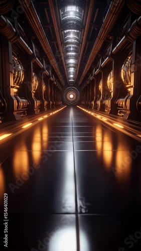 Wallpaper Mural Symmetrical futuristic interior corridor with metallic piping, tiled flooring, and glowing lighting elements, creating a high-tech, industrial, or sci-fi scene. Torontodigital.ca