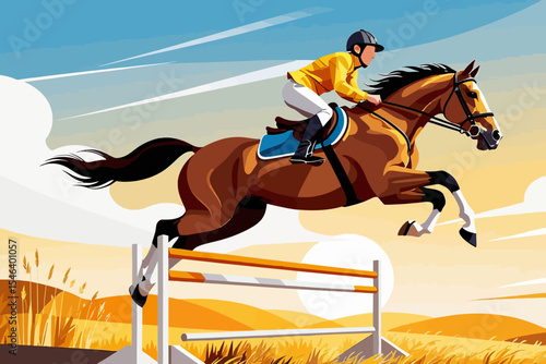 Equestrian Excellence-Horse and Rider Jumping-Show Jumping Art-Animal Athlete-Equine Sports-Artwork of Horse Jumping-Digital Vector Illustration-Horse Riding Picture