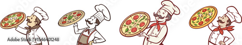 Chef with large pizza cartoon set vector illustration