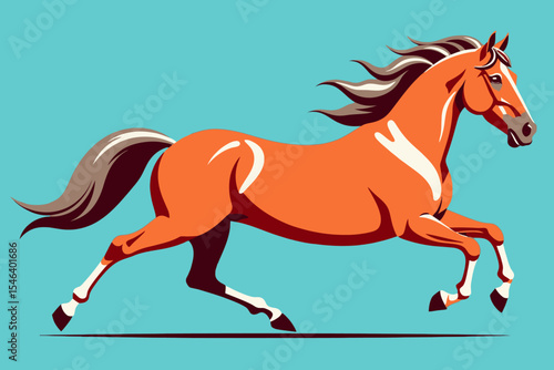 Galloping Chestnut Horse Artwork- Dynamic Equine Illustration on Blue- Stylish Horse Design with Flowing Mane- Animated Animal Image- Graceful Horse Vector