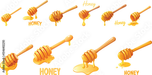 Honey dripping from wooden dipper set vector illustration