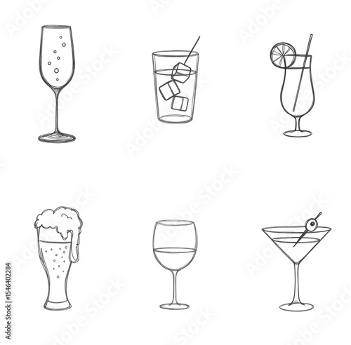 Hand-drawn cocktail and drink doodles with transparent background — wine, beer, champagne, martini, and juice in glassware — concept bar, restaurant, drink menu design business