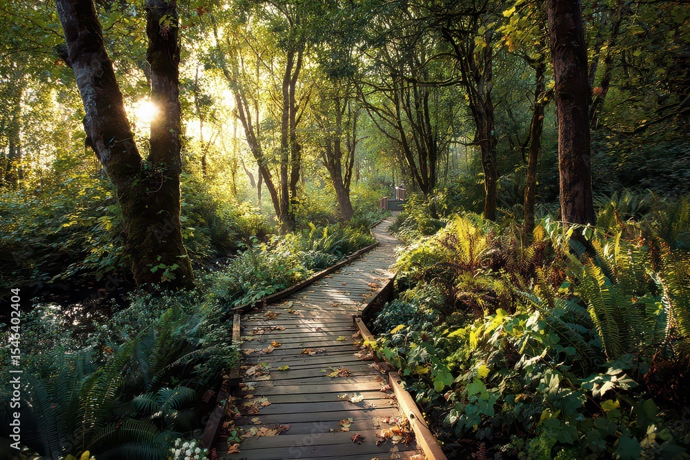 Fototapeta premium Explore a tranquil forest path with sunlight streaming through trees, inspiring summer adventure and connection with nature