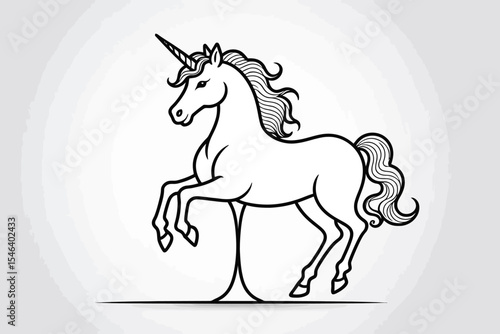 Unicorn illustration-Majestic prancing unicorn-Black and white unicorn drawing-Elegant unicorn with flowing mane-Mythical creature line art-Unicorn design element