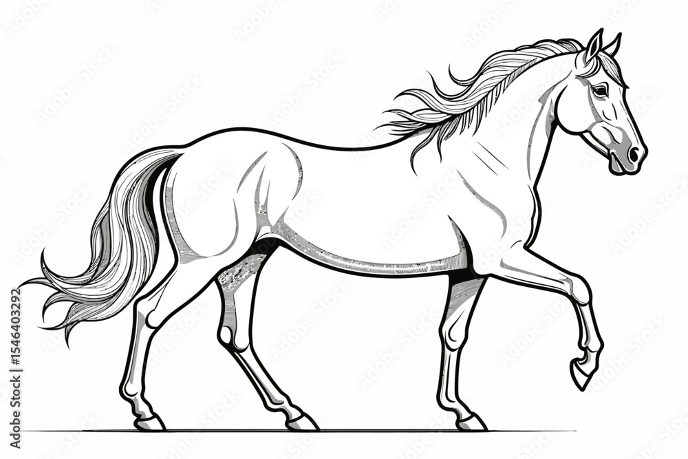 Obraz premium Elegant Horse Illustration-Black and White Drawing of a Stallion-Detailed Equine Art for Coloring Books and Design Projects-Majestic Horse Image