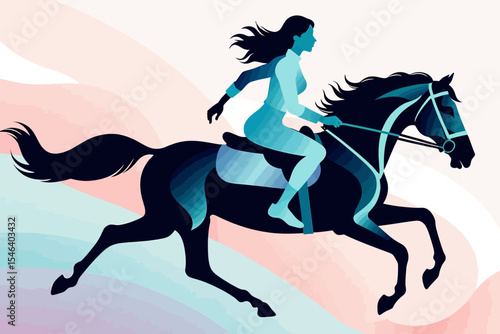 Equestrian Beauty-Woman Riding Horse-Vector Illustration-Dynamic Horseback Riding Scene-Graceful Silhouette-Horse and Rider Artwork-Pastel Background-Fashionable Horsewoman Image