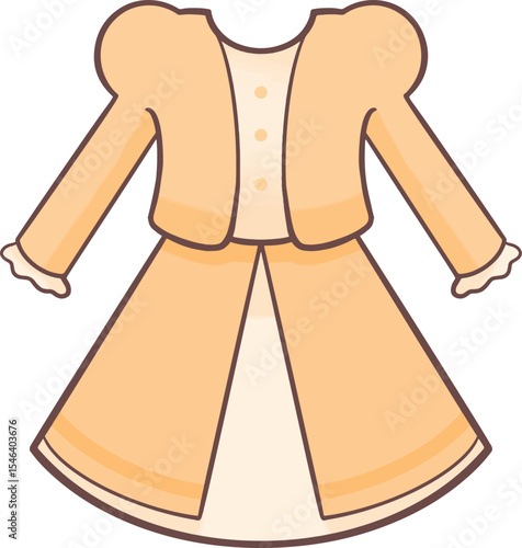 Illustration of yellow puff shoulder prom dress on transparent background.